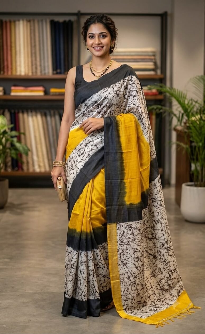 Contemporary Batik-Print Color-Block Saree – Murshidabad Pure Silk