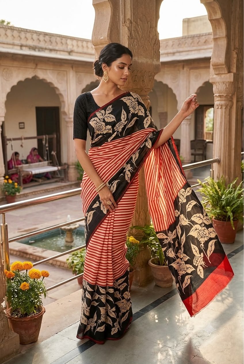 Striped Floral Contrast Saree – Murshidabad Pure Silk